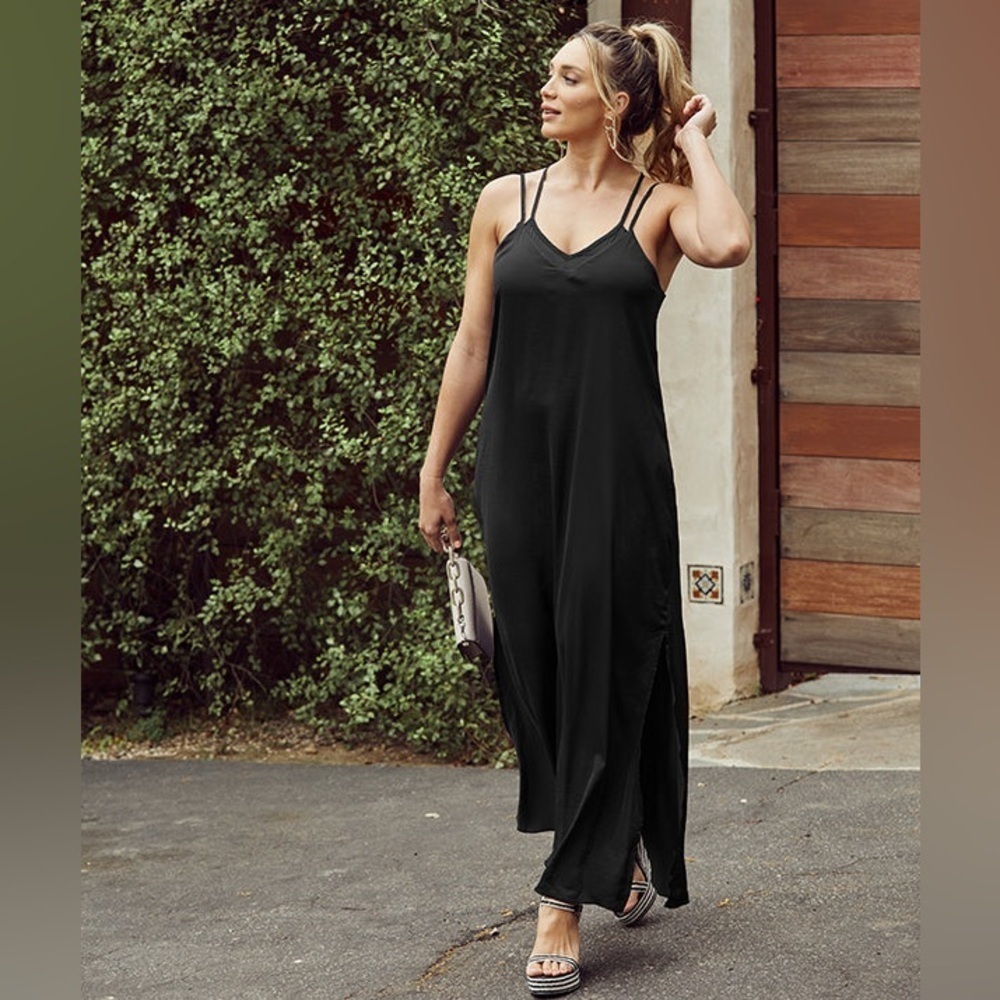 SheBird Savannah Strappy Maxi Bra Dress Black Bamboo Slit Size XS 1 EUC
